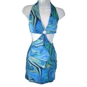 Fun Beach Dress Tie Back Halter Blue Swim Pool Luau